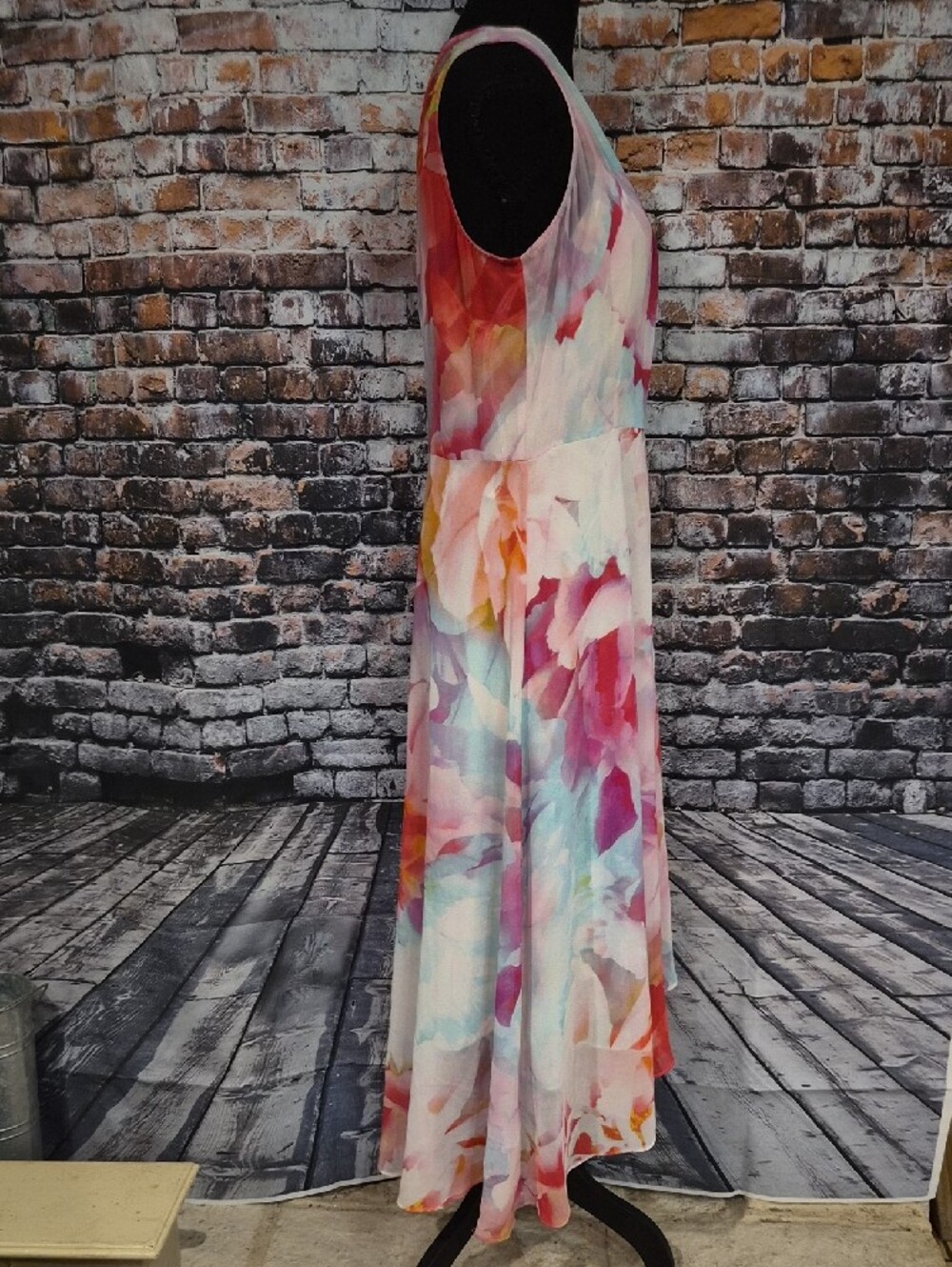 Calvin Klein Watercolor Floral High-Low Wrap Dress - Pink Blue Coral - Picture 9 of 10